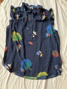 LOFT sz SP Navy Floral hummingbird Print Ruffle Cap-Sleeve blouse